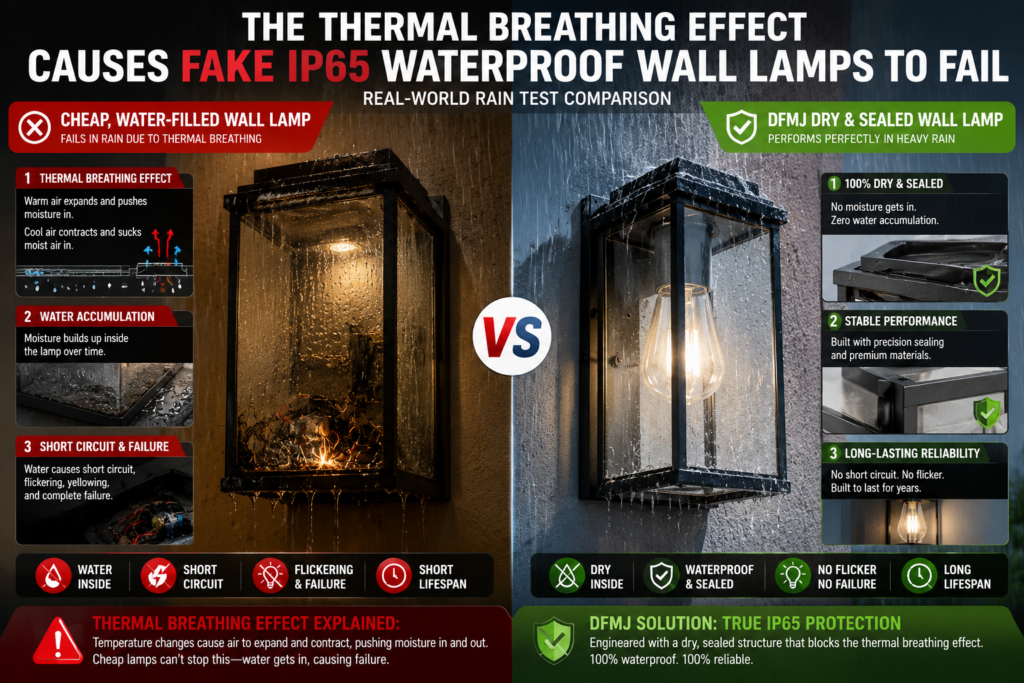 The thermal breathing effect causes fake IP65 waterproof wall lamps to fail
