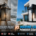 Comparison of peeling standard paint versus durable marine grade wall sconces in coastal environment
