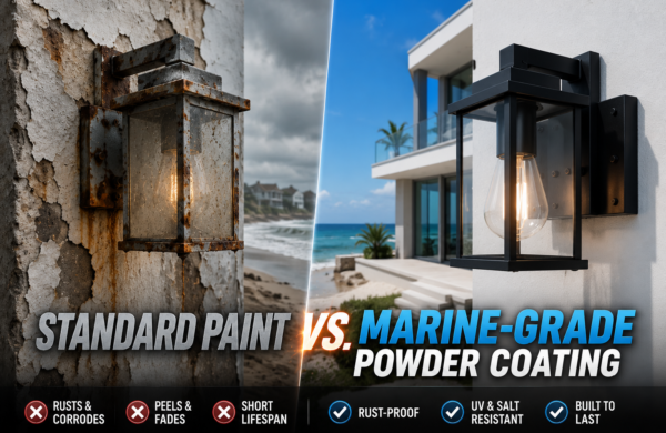 Comparison of peeling standard paint versus durable marine grade wall sconces in coastal environment