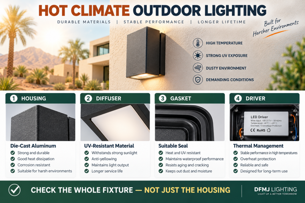 material selection for outdoor lights in hot climates